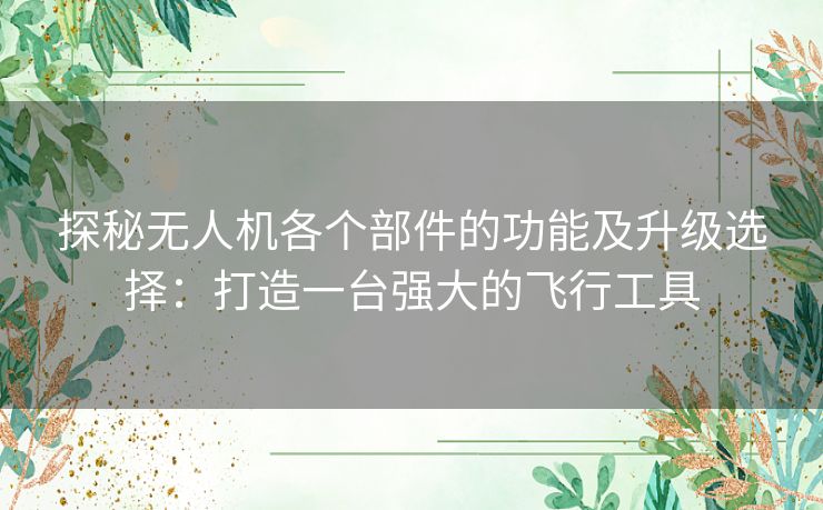 探秘无人机各个部件的功能及升级选择：打造一台强大的飞行工具